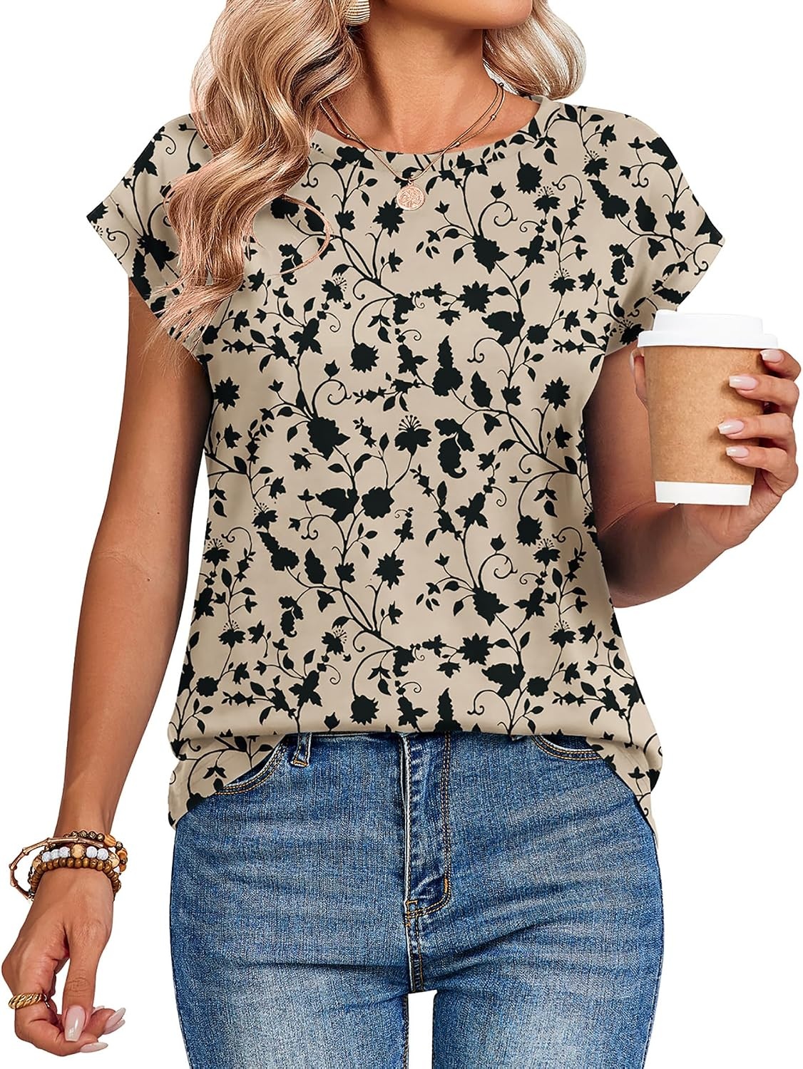 image:imageZeagoo Womens Tops Summer Casual Cap Sleeve Tshirts Shirts Business BlousesKhaki Floral