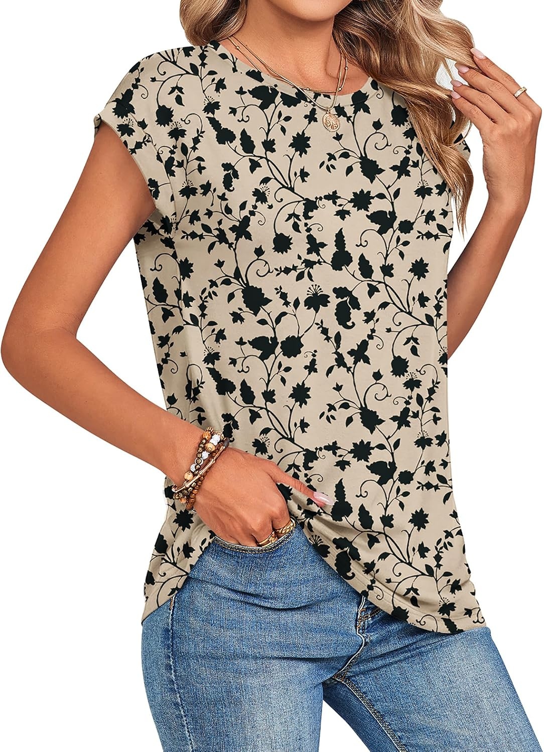 image:imageZeagoo Womens Tops Summer Casual Cap Sleeve Tshirts Shirts Business BlousesKhaki Floral