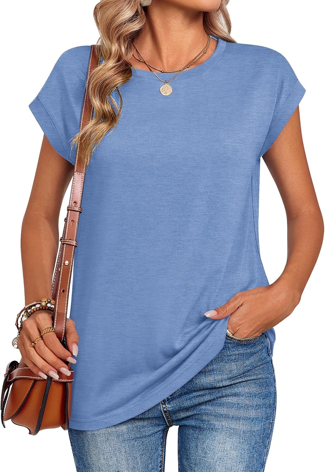 image:imageZeagoo Womens Tops Summer Casual Cap Sleeve Tshirts Shirts Business BlousesLight Blue
