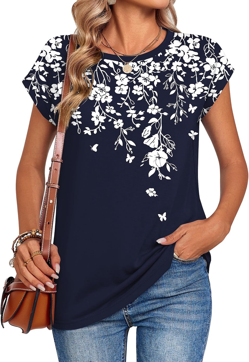 image:imageZeagoo Womens Tops Summer Casual Cap Sleeve Tshirts Shirts Business BlousesNavy Floral