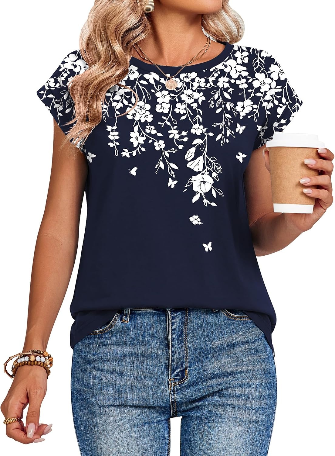 image:imageZeagoo Womens Tops Summer Casual Cap Sleeve Tshirts Shirts Business BlousesNavy Floral
