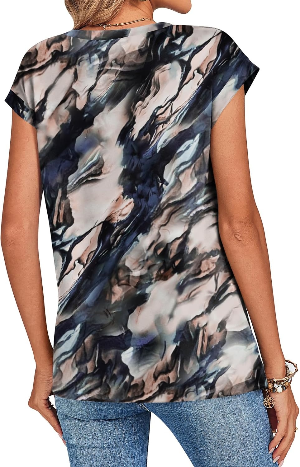 image:imageZeagoo Womens Tops Summer Casual Cap Sleeve Tshirts Shirts Business BlousesNavy Printed