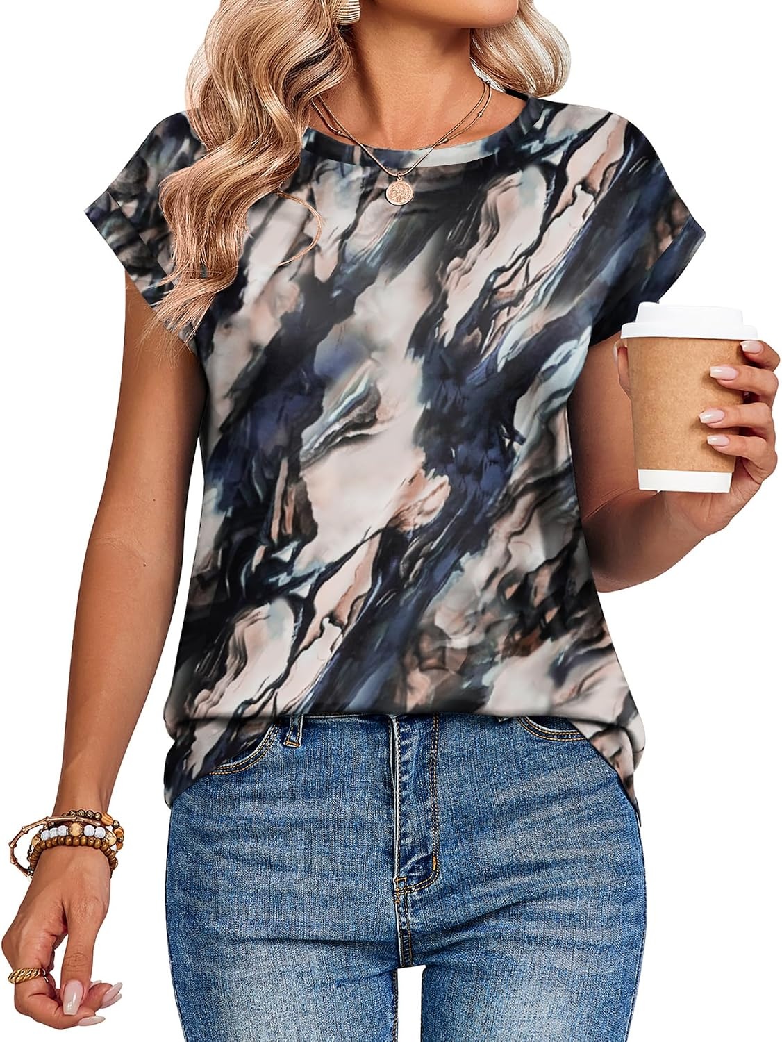 image:imageZeagoo Womens Tops Summer Casual Cap Sleeve Tshirts Shirts Business BlousesNavy Printed