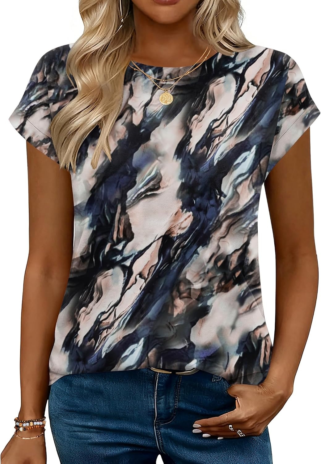 image:imageZeagoo Womens Tops Summer Casual Cap Sleeve Tshirts Shirts Business BlousesNavy Printed