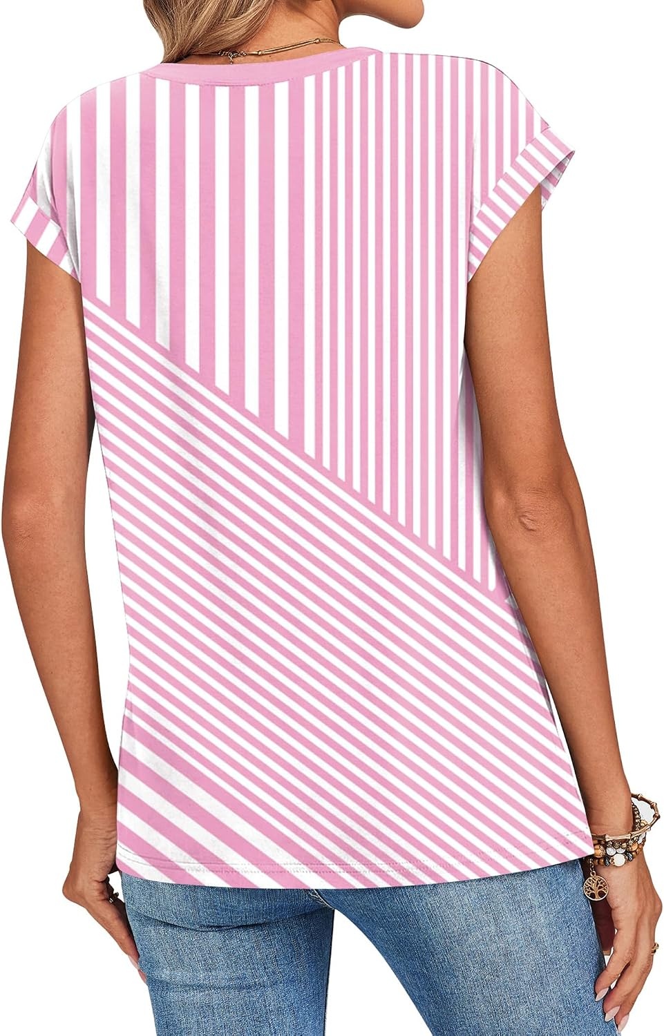 image:imageZeagoo Womens Tops Summer Casual Cap Sleeve Tshirts Shirts Business BlousesPink Stripes