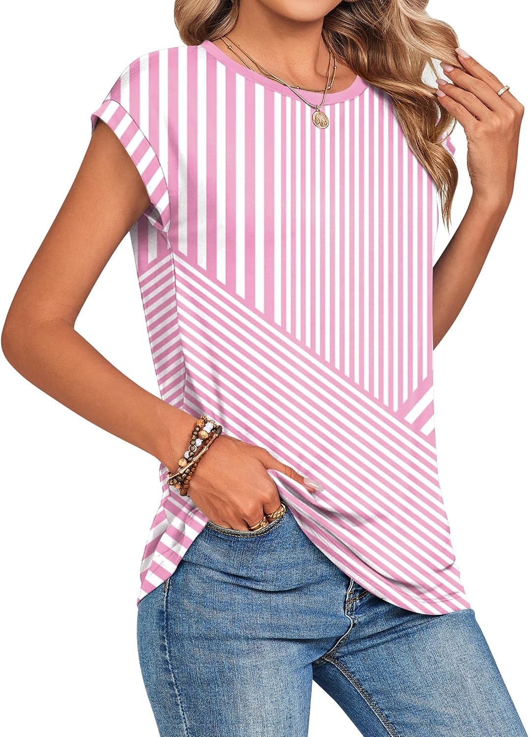image:imageZeagoo Womens Tops Summer Casual Cap Sleeve Tshirts Shirts Business BlousesPink Stripes