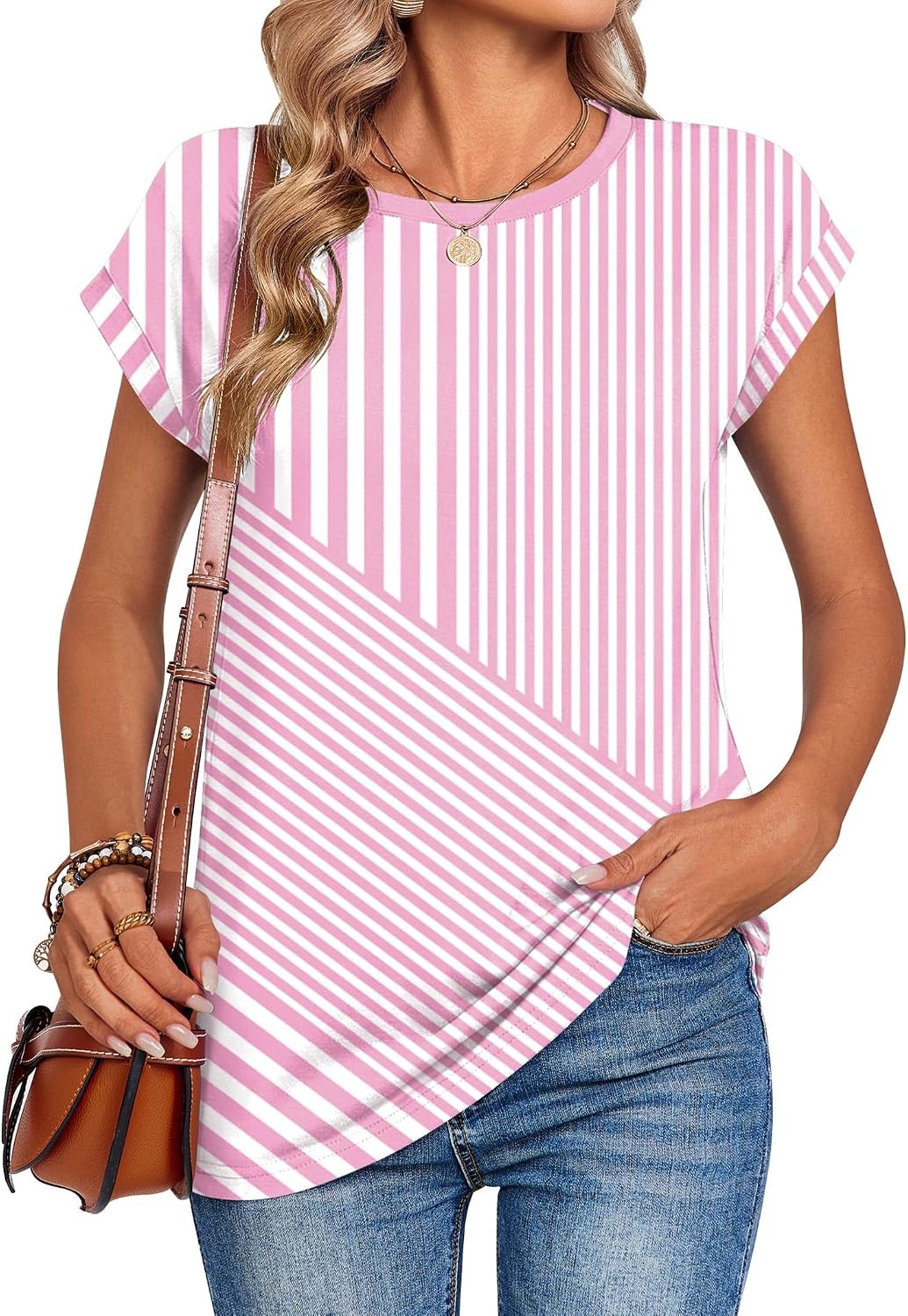 image:imageZeagoo Womens Tops Summer Casual Cap Sleeve Tshirts Shirts Business BlousesPink Stripes