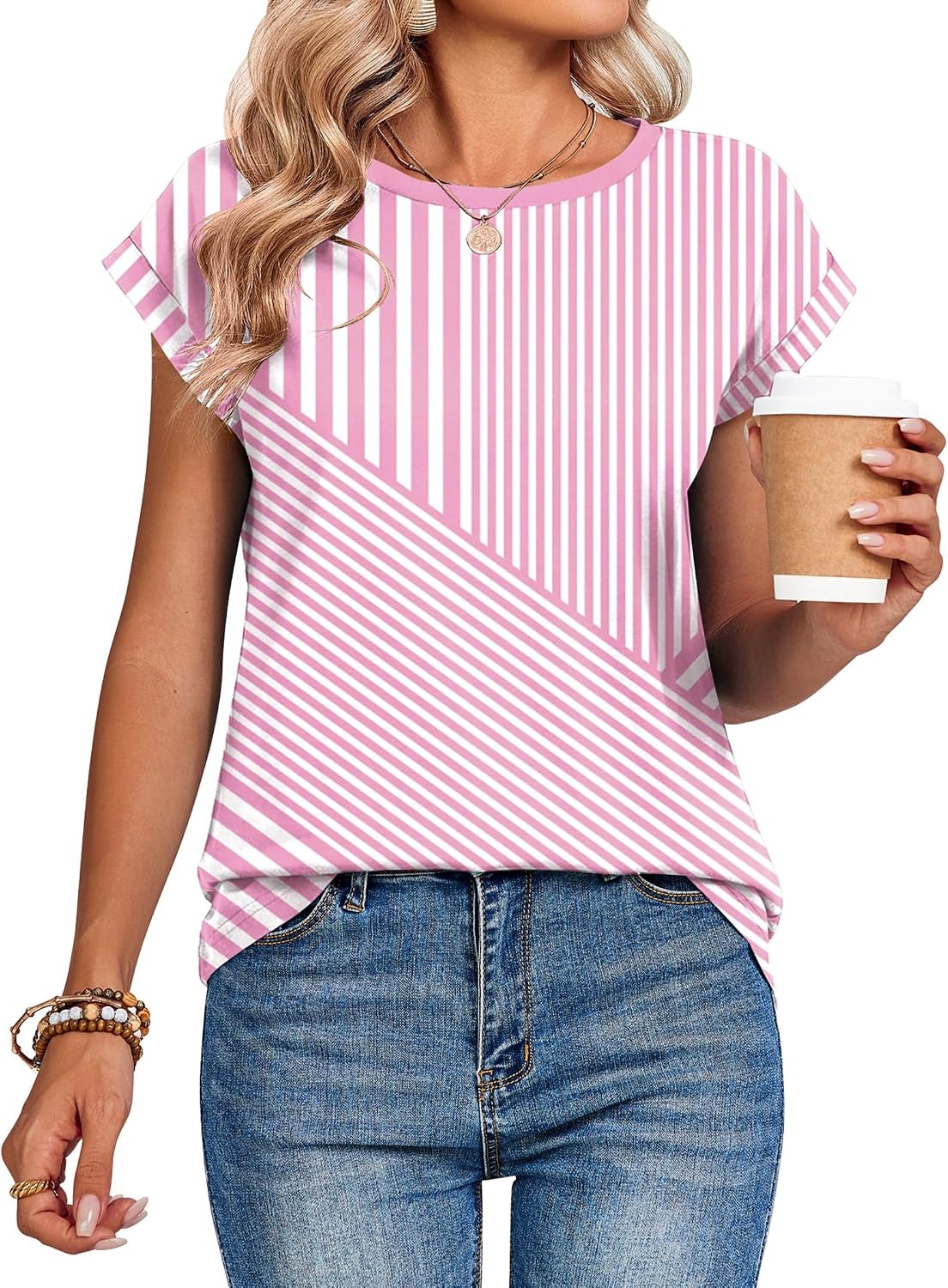 image:imageZeagoo Womens Tops Summer Casual Cap Sleeve Tshirts Shirts Business BlousesPink Stripes