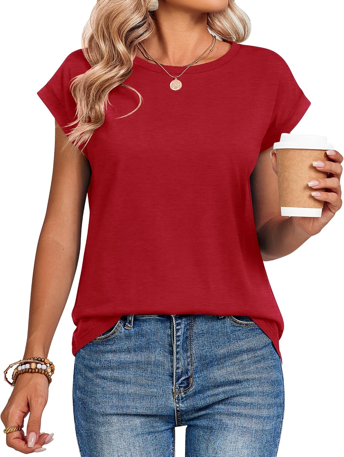 image:imageZeagoo Womens Tops Summer Casual Cap Sleeve Tshirts Shirts Business BlousesRed Color