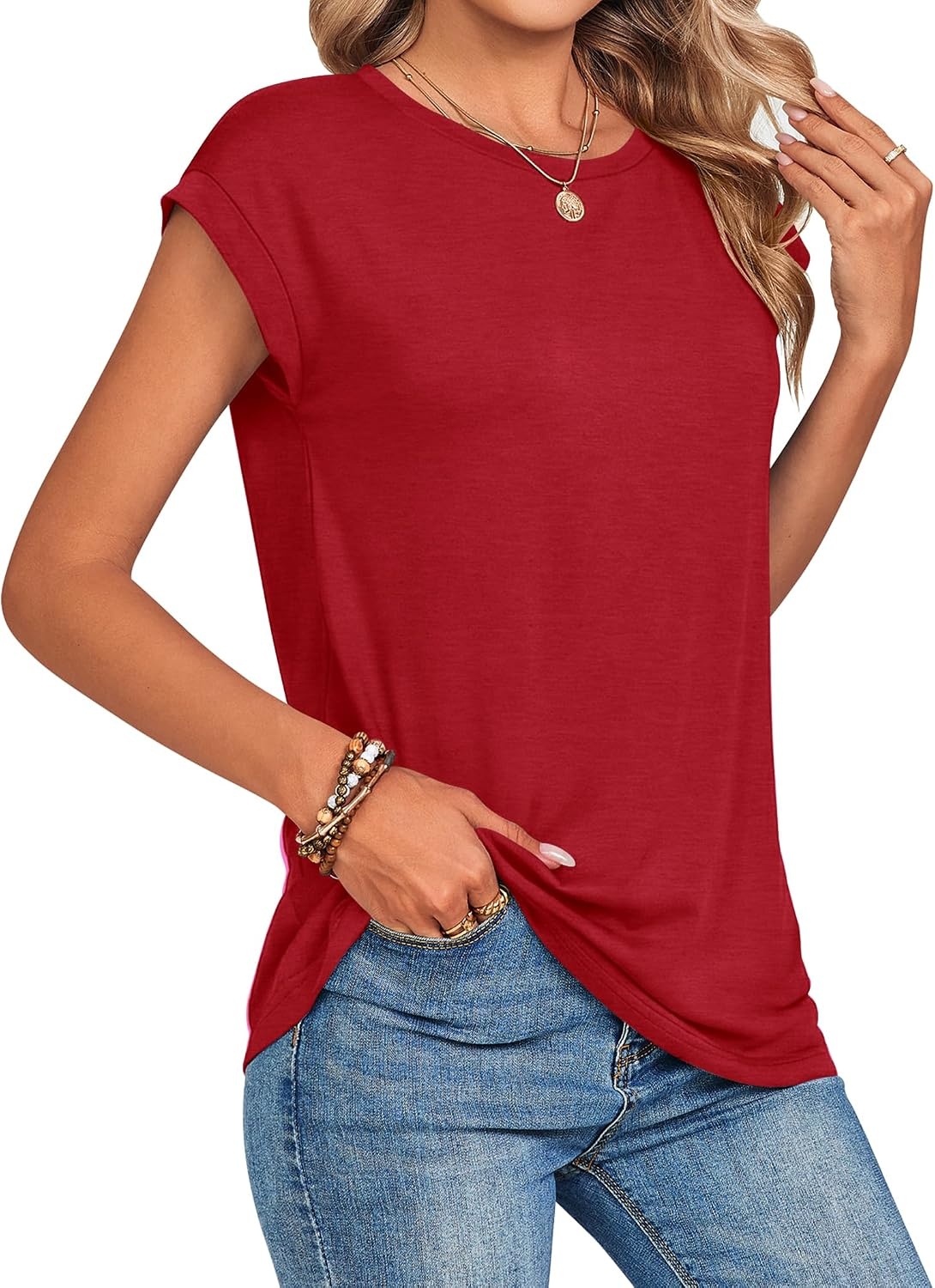 image:imageZeagoo Womens Tops Summer Casual Cap Sleeve Tshirts Shirts Business BlousesRed Color