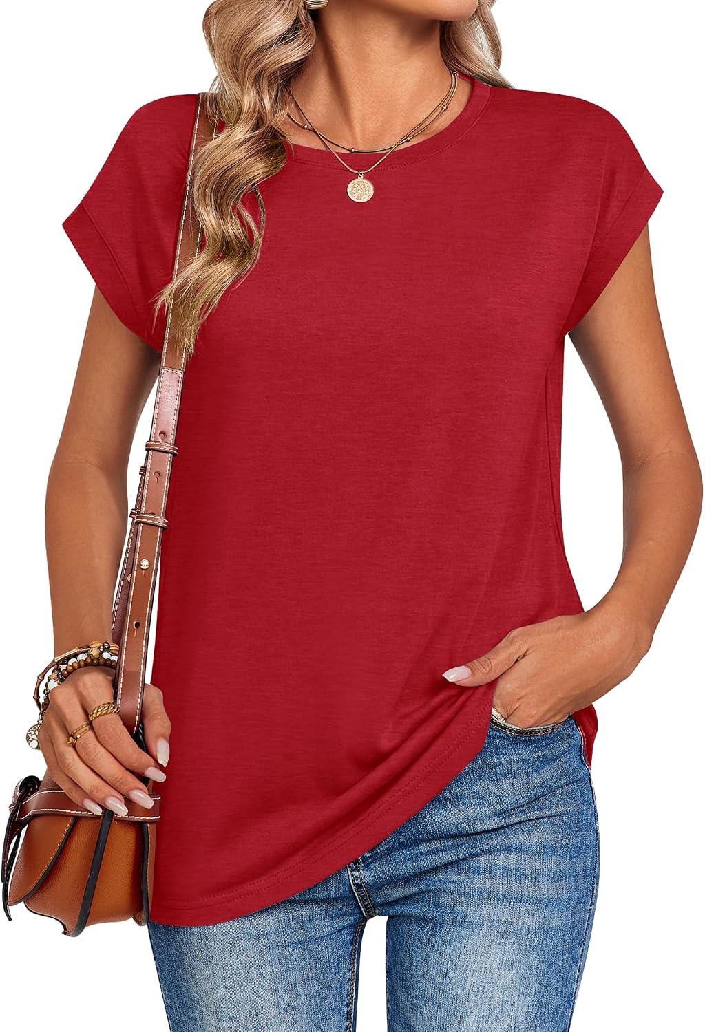 image:imageZeagoo Womens Tops Summer Casual Cap Sleeve Tshirts Shirts Business BlousesRed Color