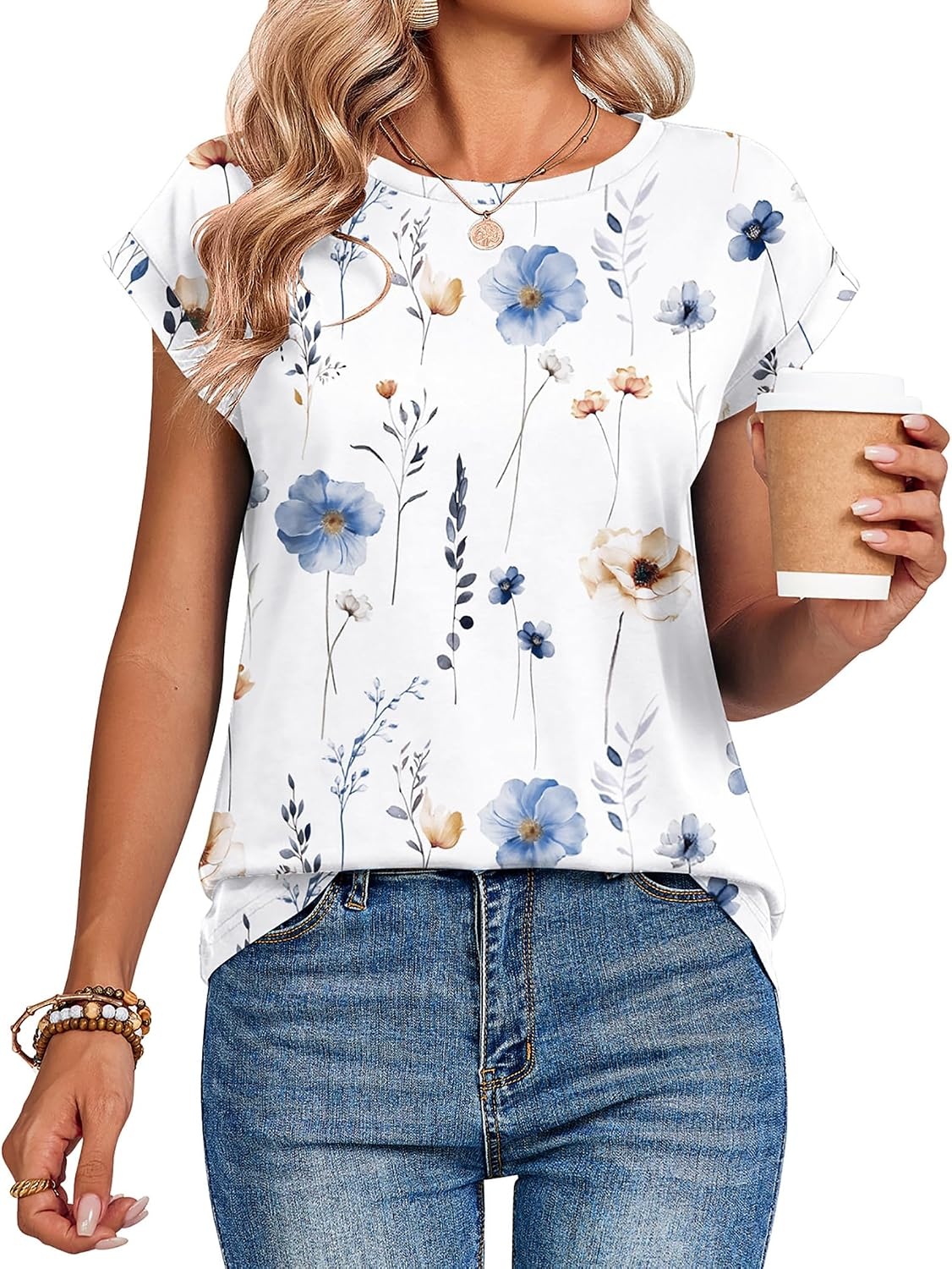 image:imageZeagoo Womens Tops Summer Casual Cap Sleeve Tshirts Shirts Business BlousesWhite Floral
