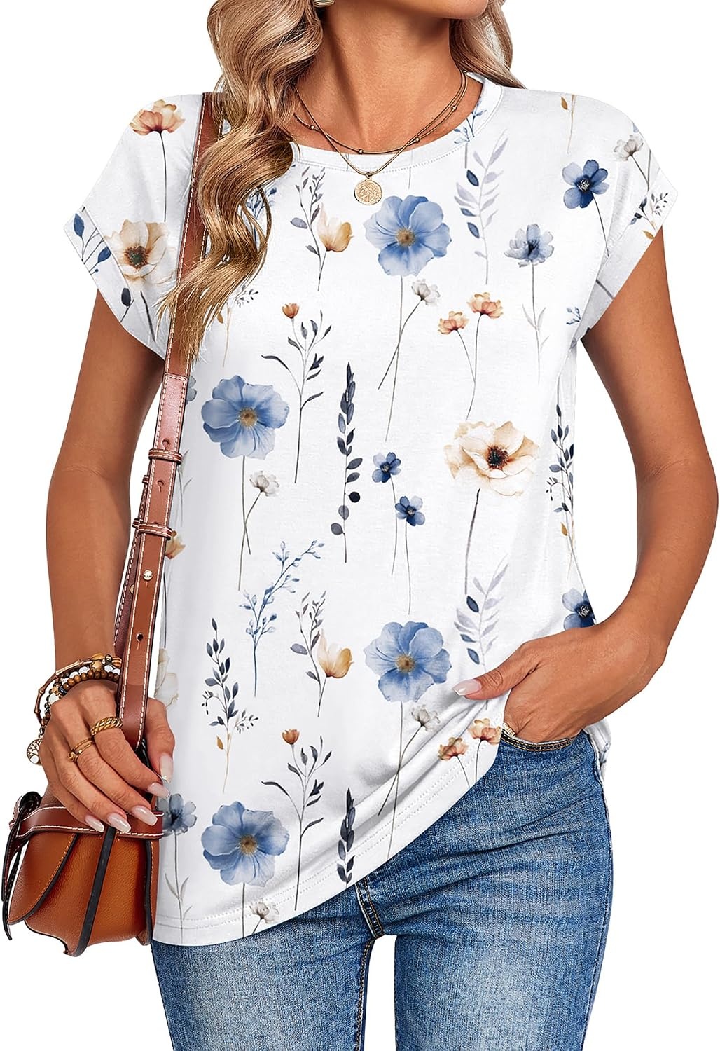 image:imageZeagoo Womens Tops Summer Casual Cap Sleeve Tshirts Shirts Business BlousesWhite Floral