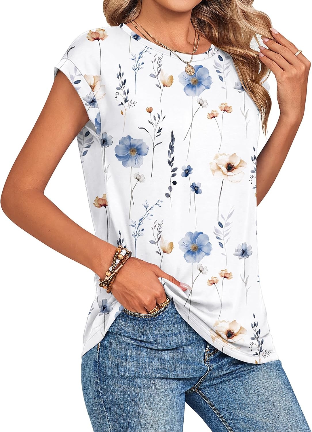 image:imageZeagoo Womens Tops Summer Casual Cap Sleeve Tshirts Shirts Business BlousesWhite Floral