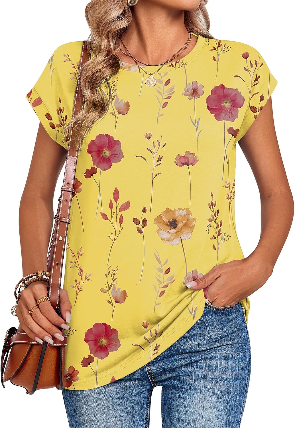 image:imageZeagoo Womens Tops Summer Casual Cap Sleeve Tshirts Shirts Business BlousesYellow Floral