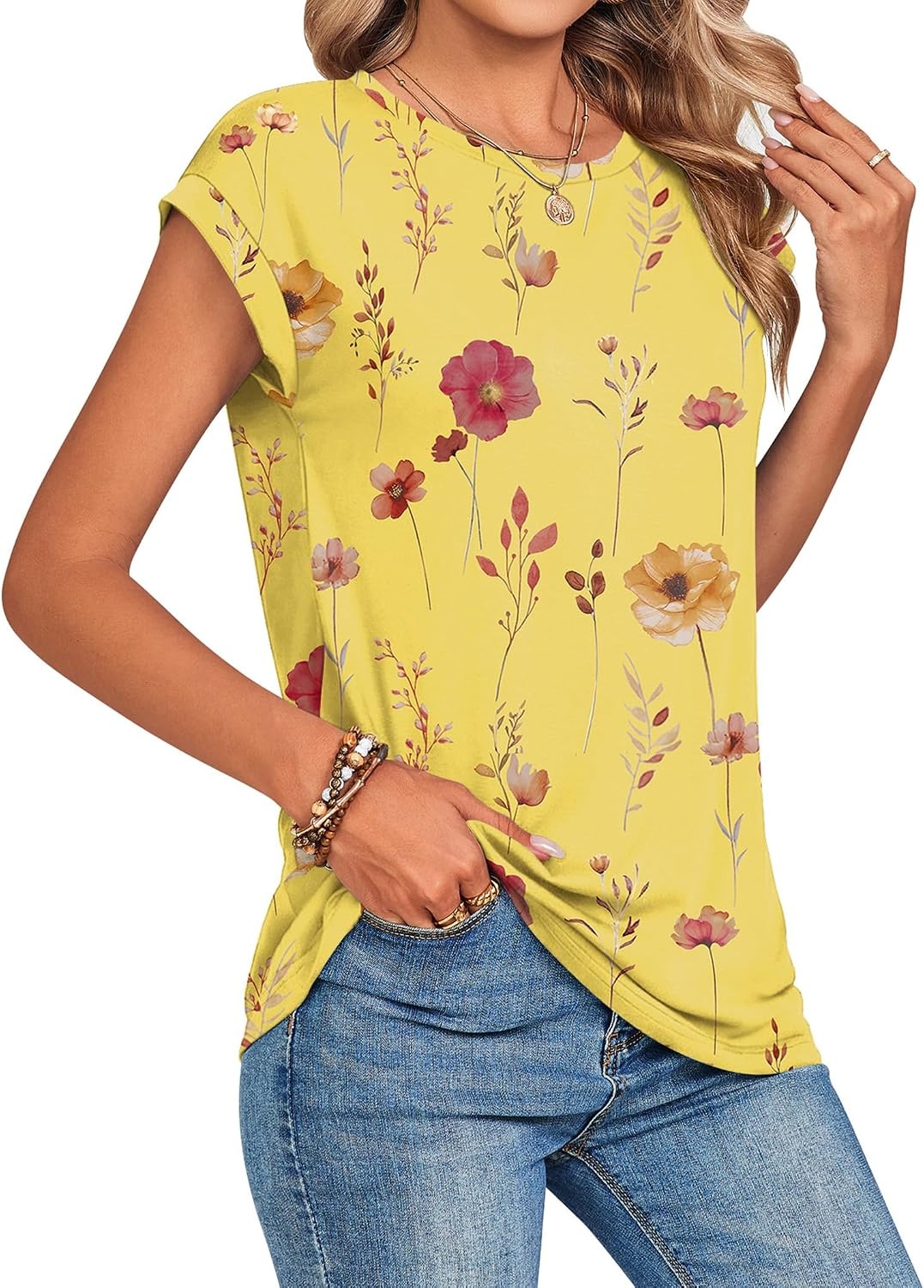 image:imageZeagoo Womens Tops Summer Casual Cap Sleeve Tshirts Shirts Business BlousesYellow Floral