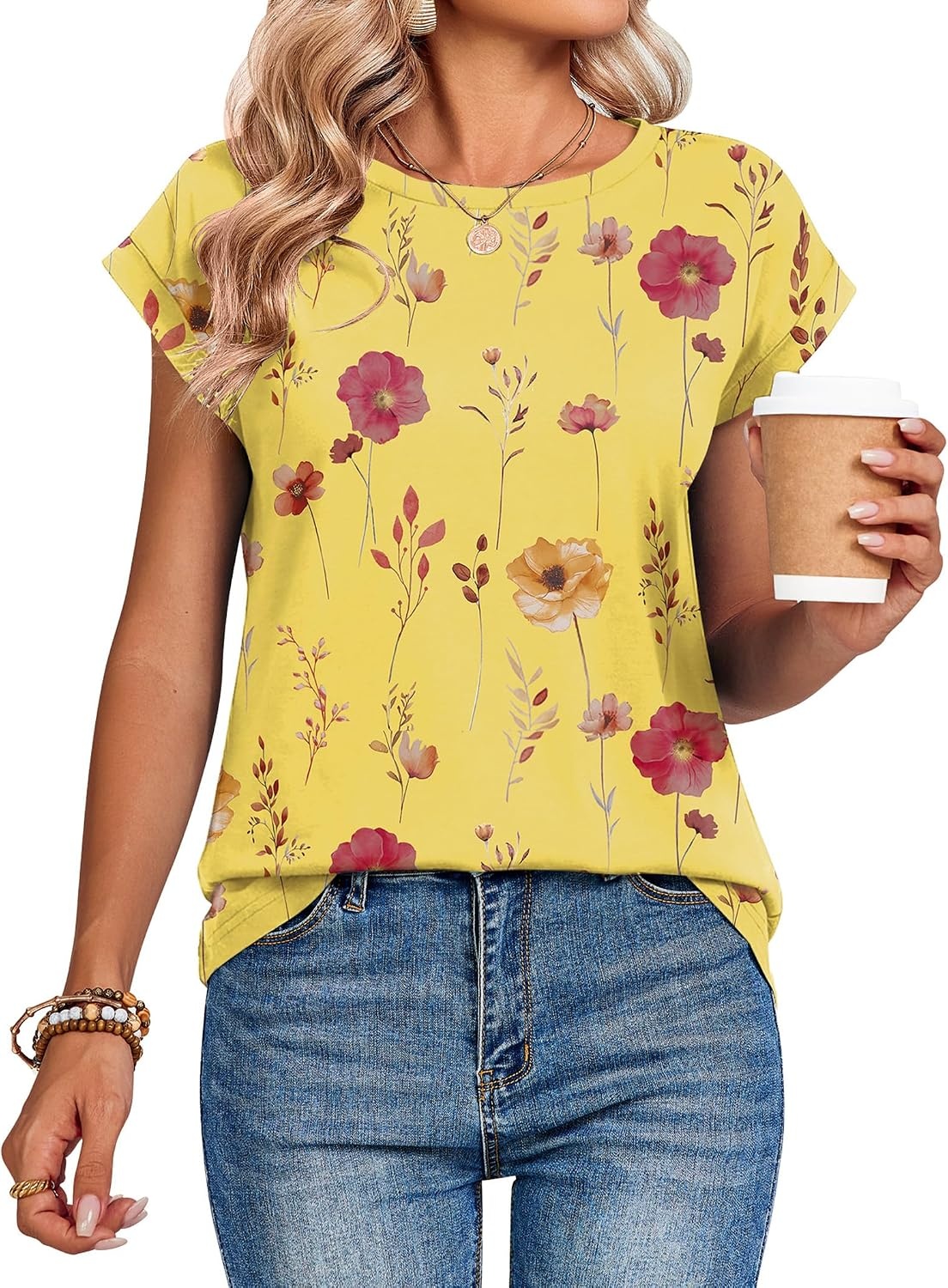 image:imageZeagoo Womens Tops Summer Casual Cap Sleeve Tshirts Shirts Business BlousesYellow Floral