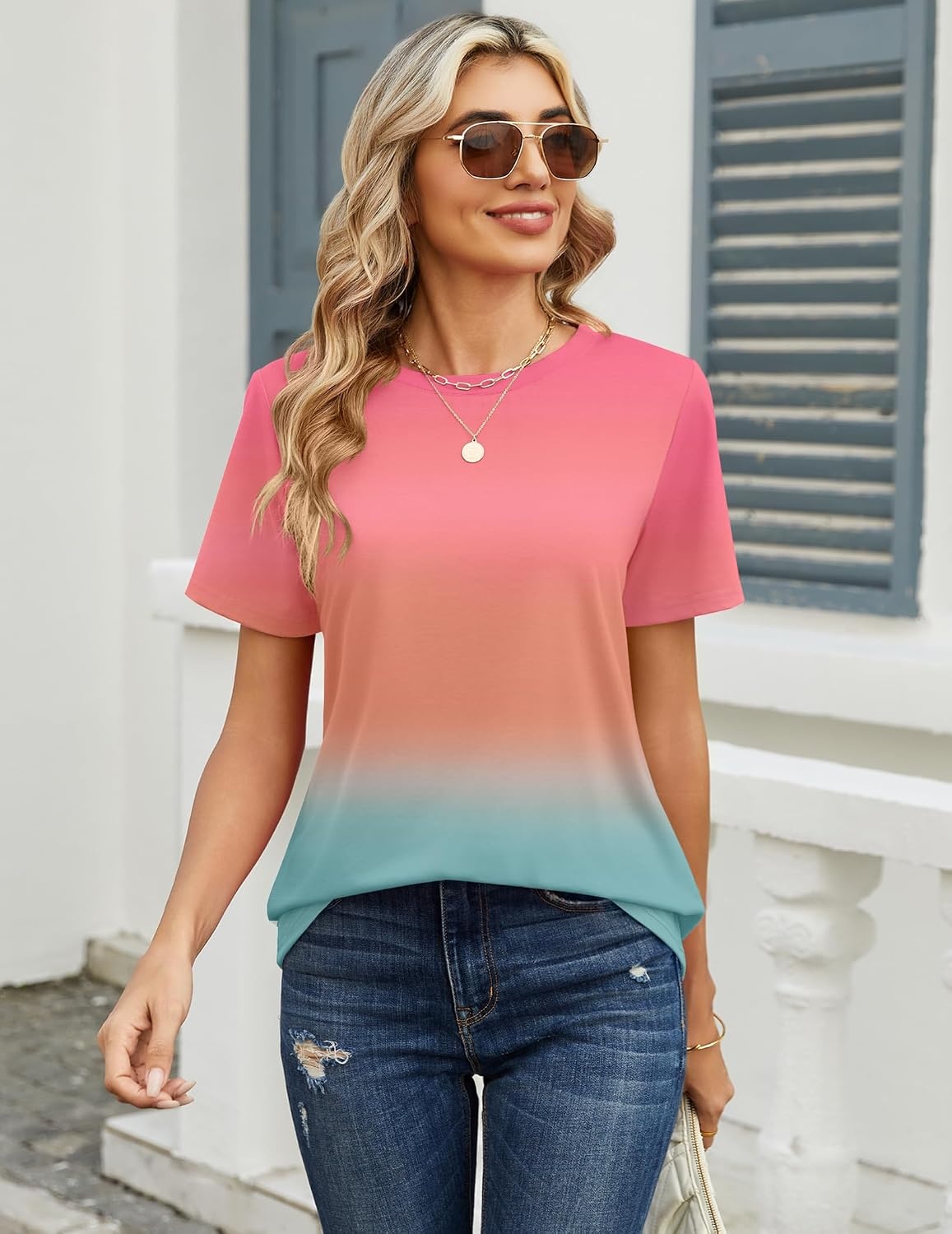 image:imageZeagoo Womens Tshirt Short Sleeve Summer Tops Crewneck Casual Basic Tee Shirts Spring Clothes Trendy OutfitZ Gradient Blue Pink 218