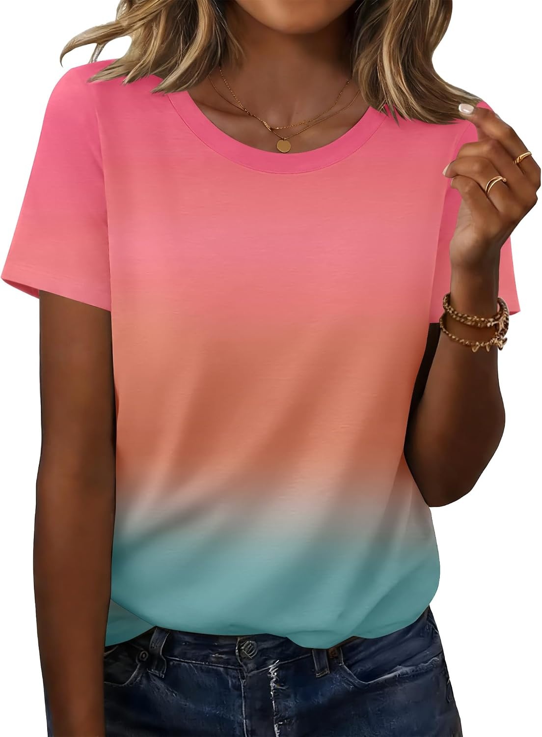 image:imageZeagoo Womens Tshirt Short Sleeve Summer Tops Crewneck Casual Basic Tee Shirts Spring Clothes Trendy OutfitZ Gradient Blue Pink 218