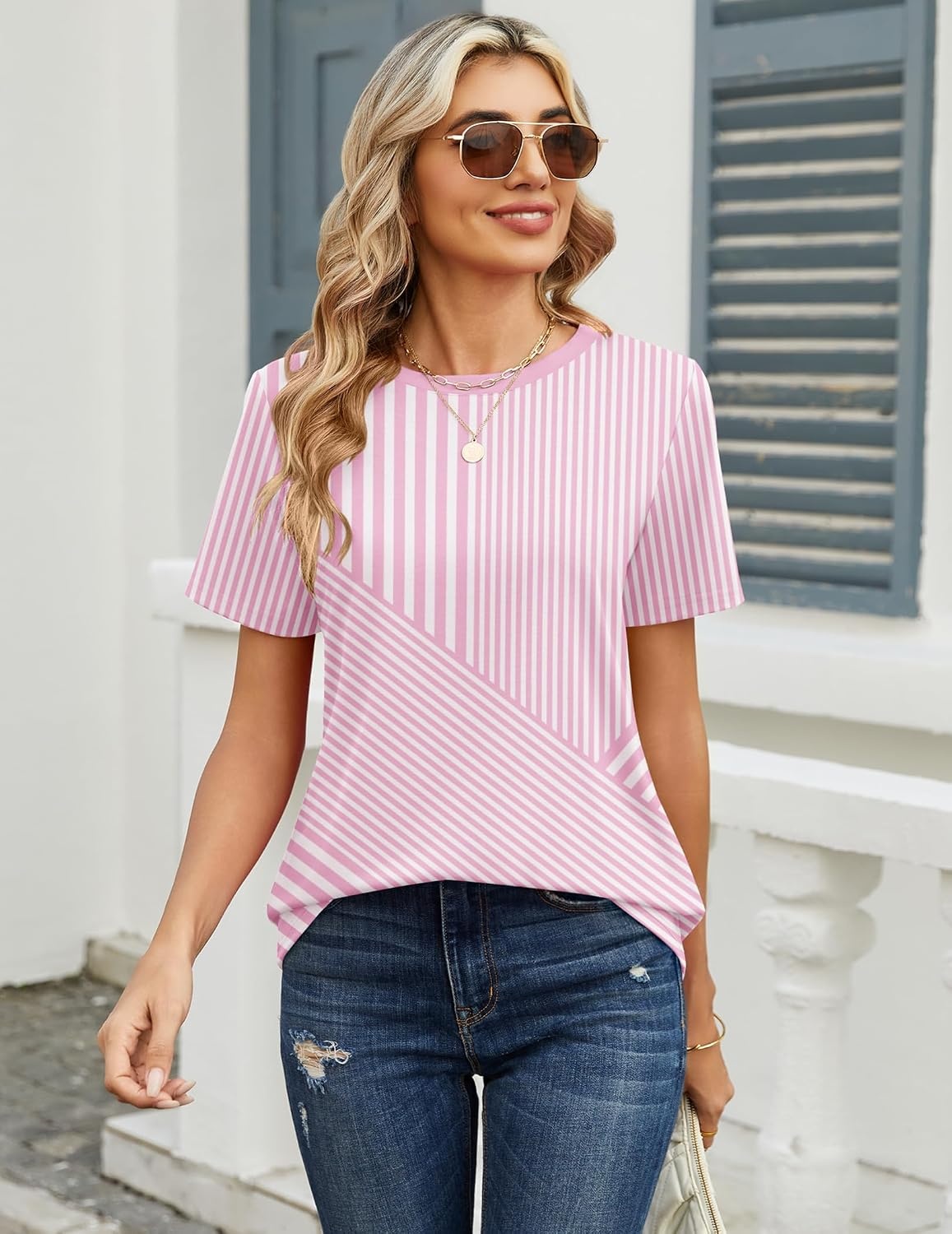 image:imageZeagoo Womens Tshirt Short Sleeve Summer Tops Crewneck Casual Basic Tee Shirts Spring Clothes Trendy OutfitZ Striped Pink 300