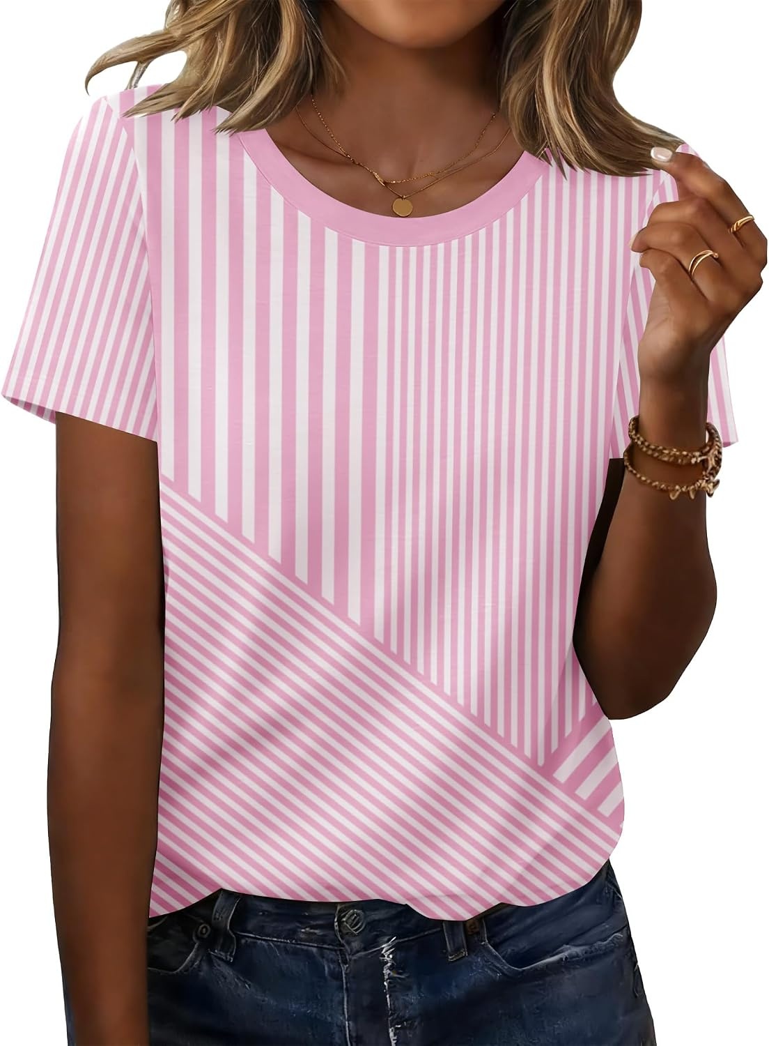 image:imageZeagoo Womens Tshirt Short Sleeve Summer Tops Crewneck Casual Basic Tee Shirts Spring Clothes Trendy OutfitZ Striped Pink 300