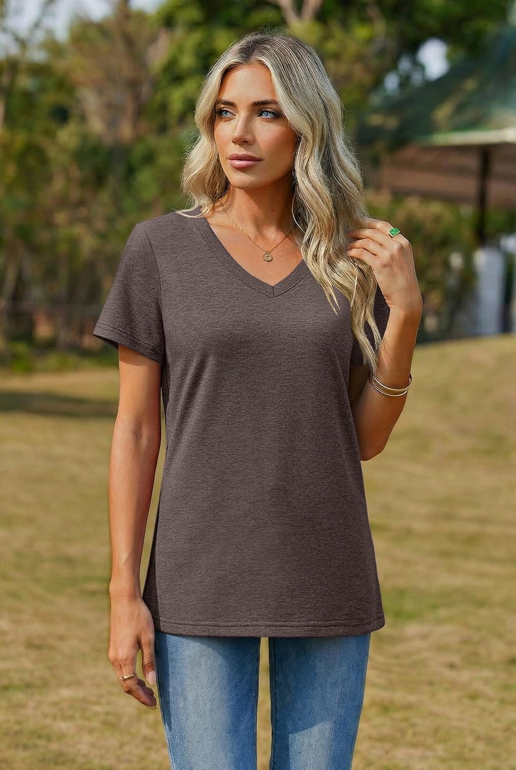 image:imageZeagoo Womens VNeck Tops Summer Casual Short Sleeve Tshirts S3XLZbrown