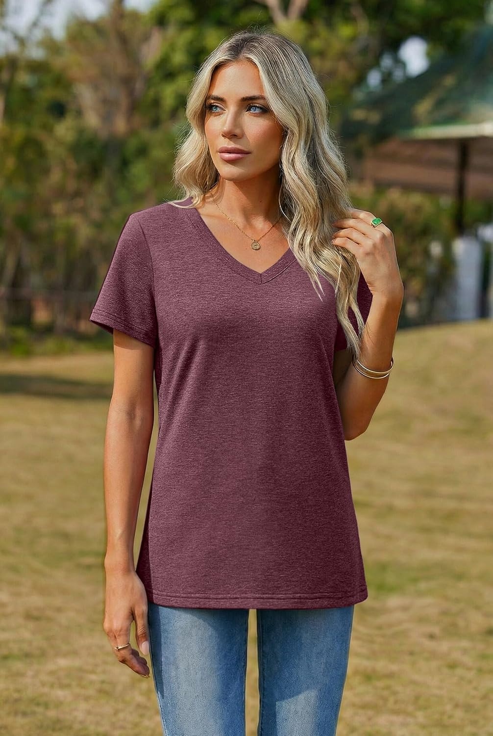 image:imageZeagoo Womens VNeck Tops Summer Casual Short Sleeve Tshirts S3XLZdark Red