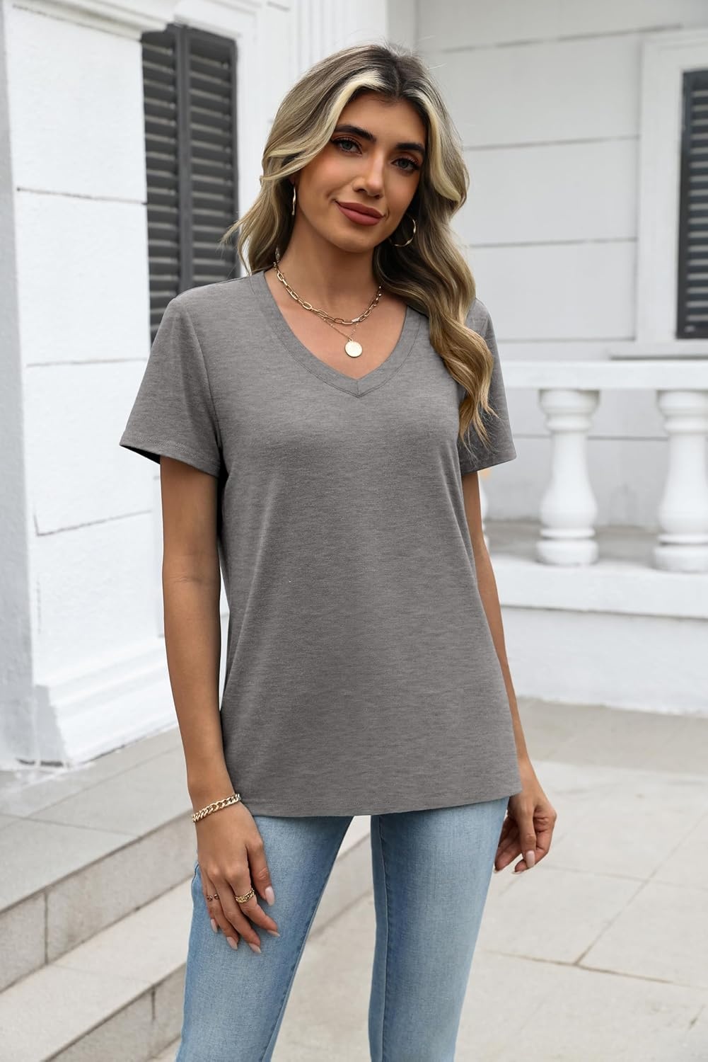 image:imageZeagoo Womens VNeck Tops Summer Casual Short Sleeve Tshirts S3XLZgray