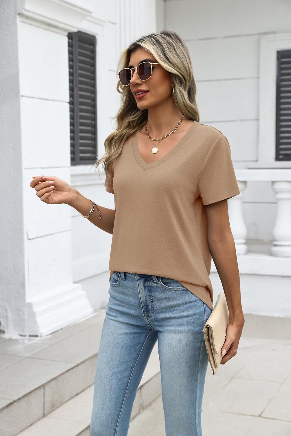 image:imageZeagoo Womens VNeck Tops Summer Casual Short Sleeve Tshirts S3XLZkhaki