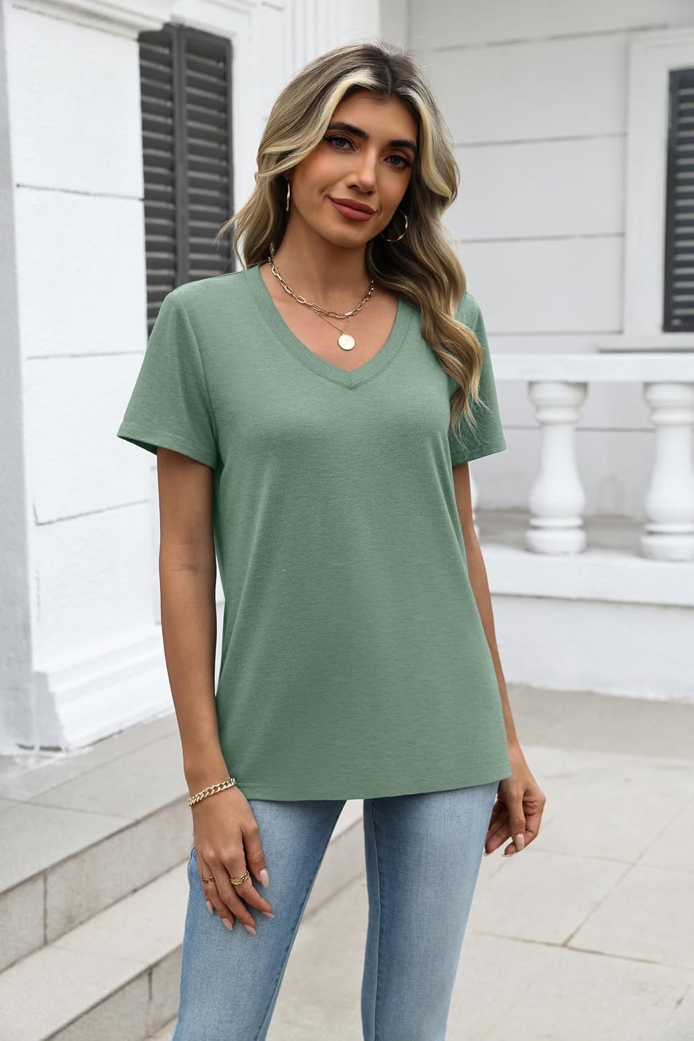 image:imageZeagoo Womens VNeck Tops Summer Casual Short Sleeve Tshirts S3XLZlight Green