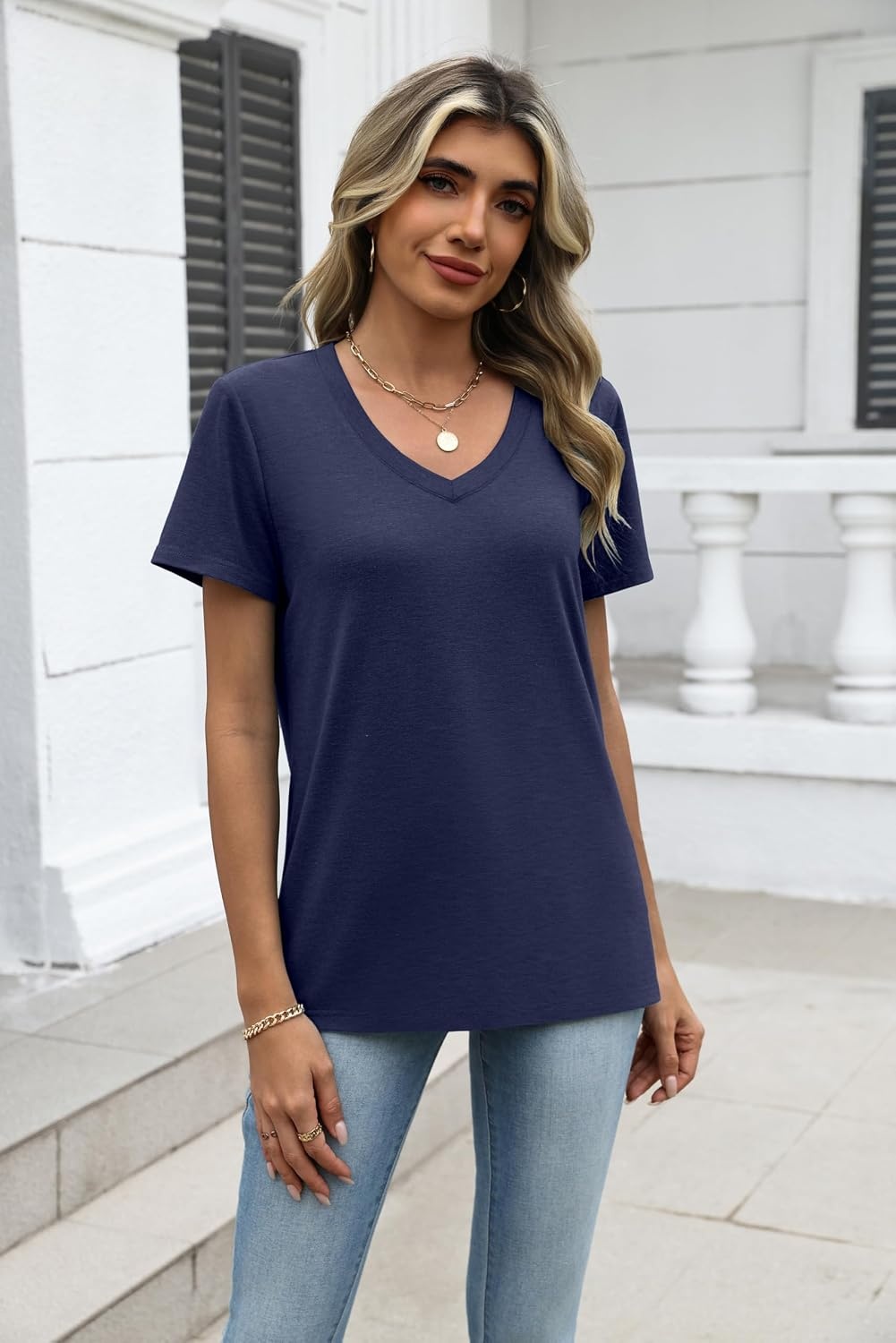 image:imageZeagoo Womens VNeck Tops Summer Casual Short Sleeve Tshirts S3XLZnavy Blue