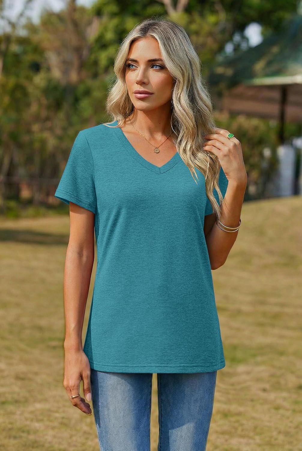image:imageZeagoo Womens VNeck Tops Summer Casual Short Sleeve Tshirts S3XLZpeacock Blue