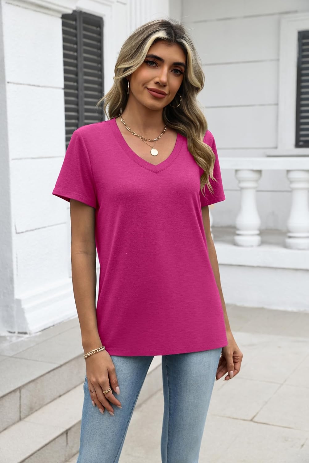image:imageZeagoo Womens VNeck Tops Summer Casual Short Sleeve Tshirts S3XLZrose Red