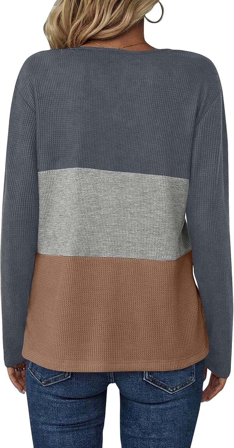 image:imageZeagoo Womens Waffle Shirts V Neck Long Sleeve Tops Color Block TShirts Casual Pullover Tunics 2025 Fashion Basic TeesAcharcoalGrayBrown