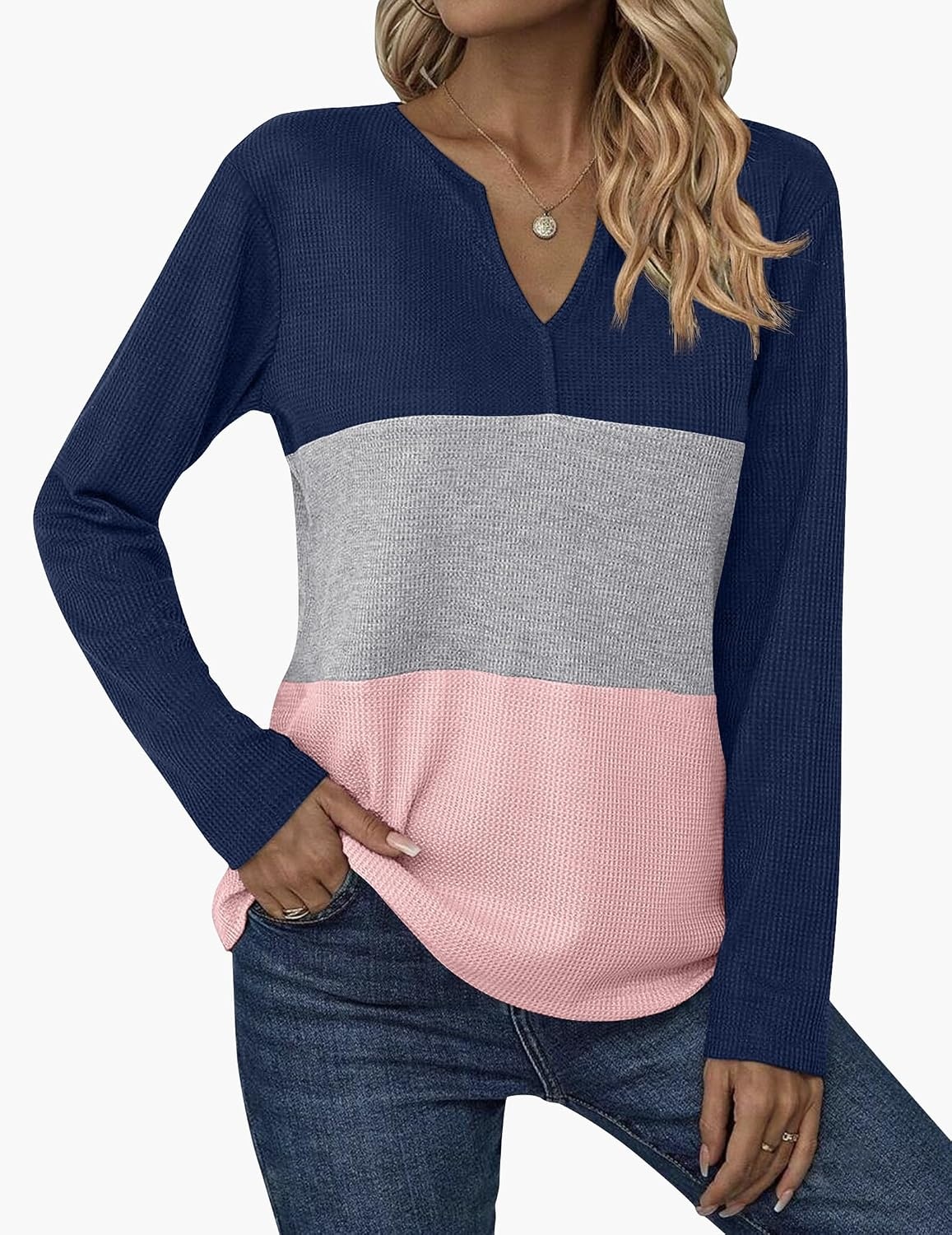 image:imageZeagoo Womens Waffle Shirts V Neck Long Sleeve Tops Color Block TShirts Casual Pullover Tunics 2025 Fashion Basic TeesAnavy BlueGrayPink