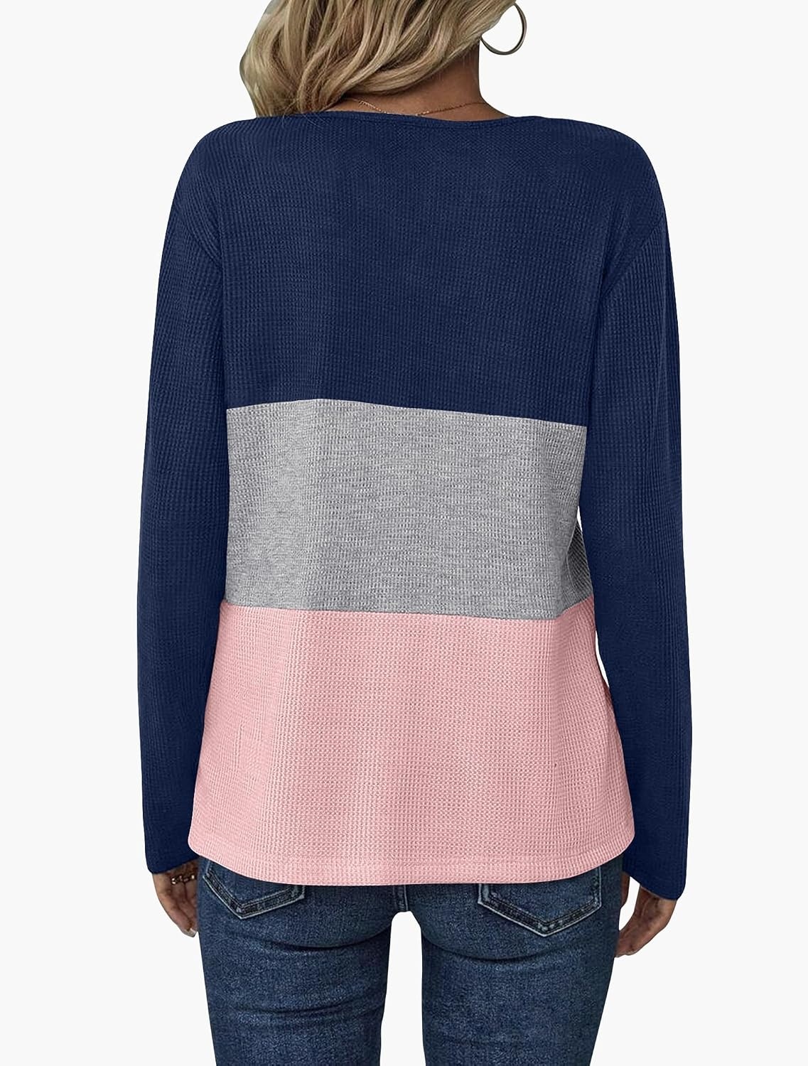 image:imageZeagoo Womens Waffle Shirts V Neck Long Sleeve Tops Color Block TShirts Casual Pullover Tunics 2025 Fashion Basic TeesAnavy BlueGrayPink