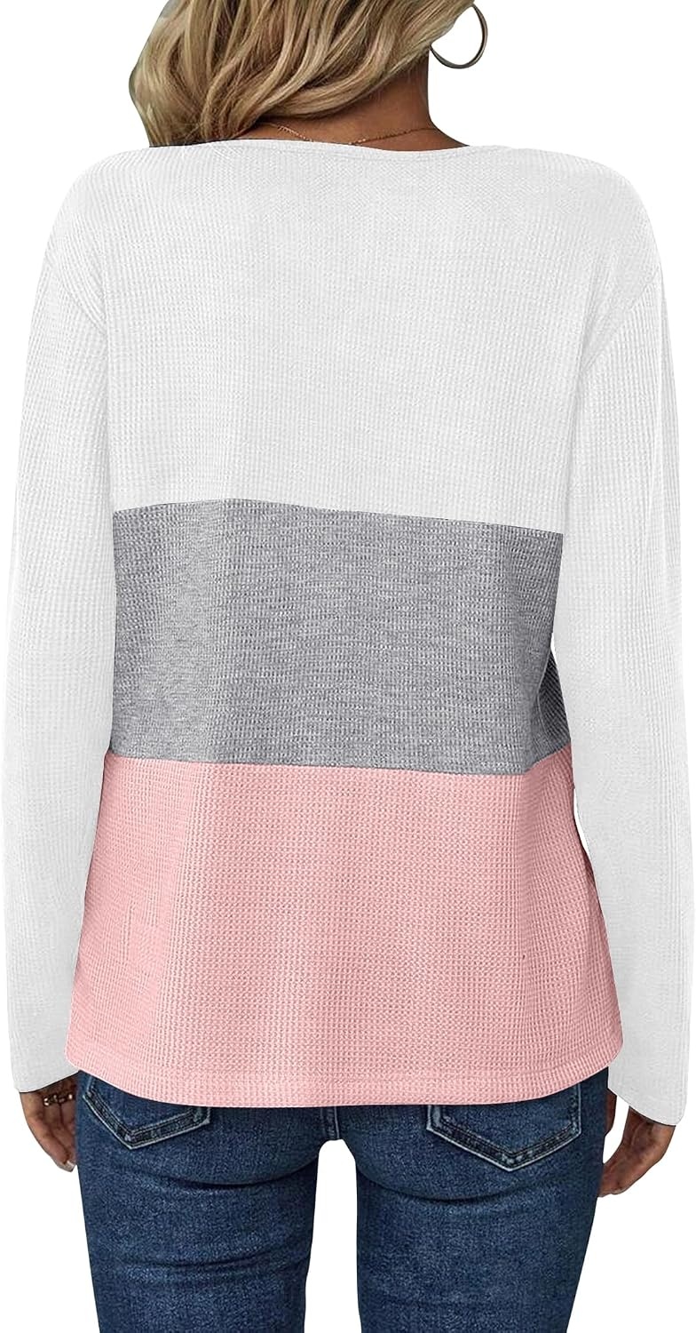 image:imageZeagoo Womens Waffle Shirts V Neck Long Sleeve Tops Color Block TShirts Casual Pullover Tunics 2025 Fashion Basic TeesAwhiteGrayPink