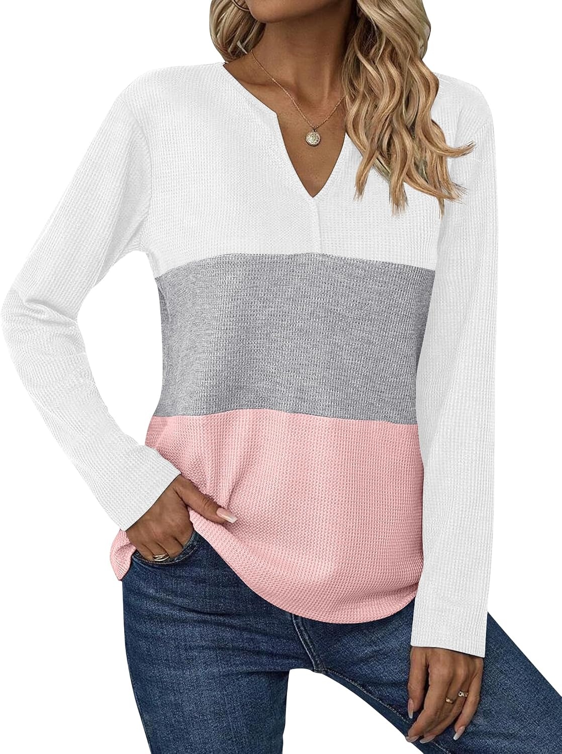image:imageZeagoo Womens Waffle Shirts V Neck Long Sleeve Tops Color Block TShirts Casual Pullover Tunics 2025 Fashion Basic TeesAwhiteGrayPink