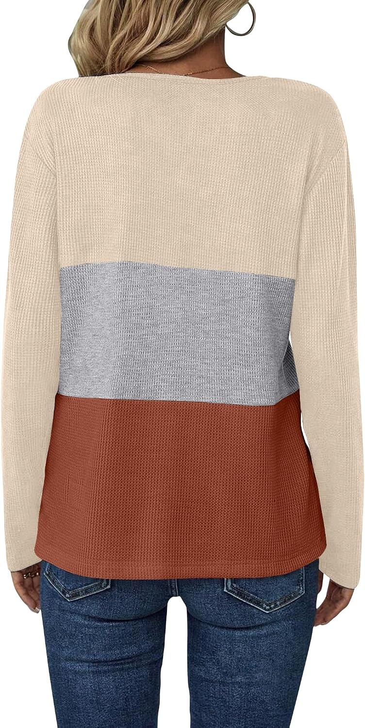 image:imageZeagoo Womens Waffle Shirts V Neck Long Sleeve Tops Color Block TShirts Casual Pullover Tunics 2025 Fashion Basic TeesBeigeGrayTerracotta