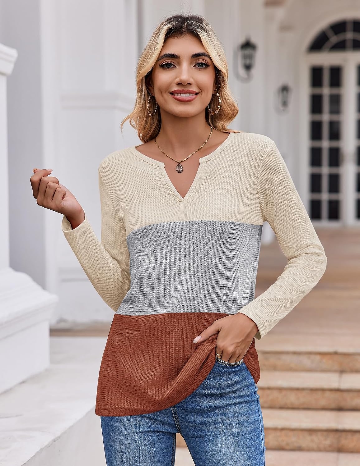 image:imageZeagoo Womens Waffle Shirts V Neck Long Sleeve Tops Color Block TShirts Casual Pullover Tunics 2025 Fashion Basic TeesBeigeGrayTerracotta
