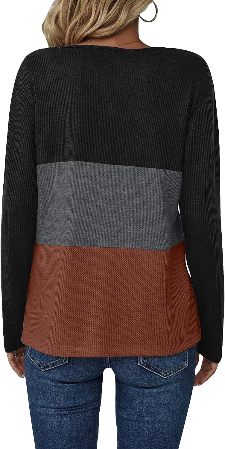 image:imageZeagoo Womens Waffle Shirts V Neck Long Sleeve Tops Color Block TShirts Casual Pullover Tunics 2025 Fashion Basic TeesBlackCharcoalCaramel