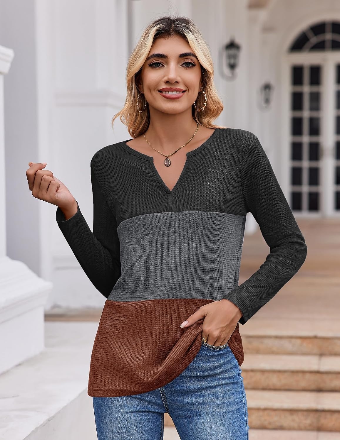 image:imageZeagoo Womens Waffle Shirts V Neck Long Sleeve Tops Color Block TShirts Casual Pullover Tunics 2025 Fashion Basic TeesBlackCharcoalCaramel