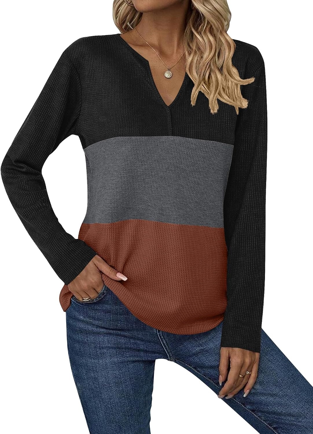 image:imageZeagoo Womens Waffle Shirts V Neck Long Sleeve Tops Color Block TShirts Casual Pullover Tunics 2025 Fashion Basic TeesBlackCharcoalCaramel