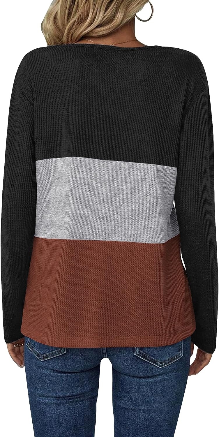 image:imageZeagoo Womens Waffle Shirts V Neck Long Sleeve Tops Color Block TShirts Casual Pullover Tunics 2025 Fashion Basic TeesBlackGrayCaramel