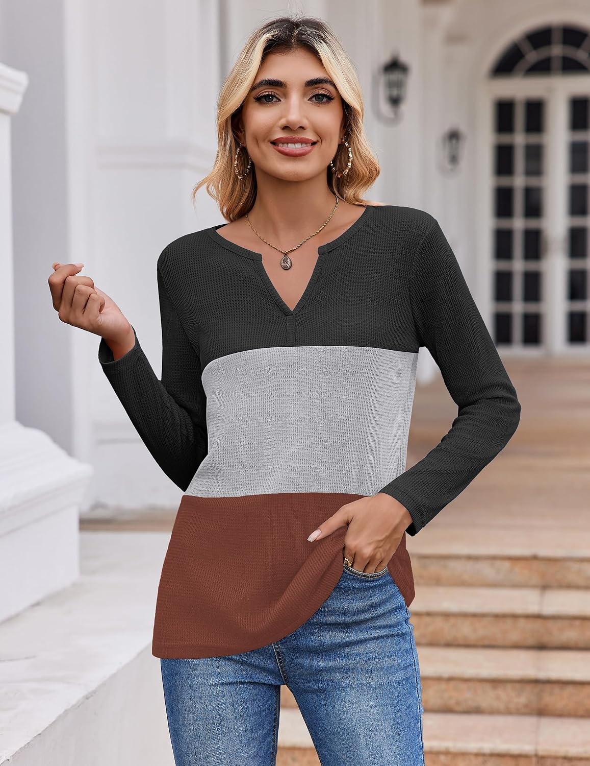 image:imageZeagoo Womens Waffle Shirts V Neck Long Sleeve Tops Color Block TShirts Casual Pullover Tunics 2025 Fashion Basic TeesBlackGrayCaramel