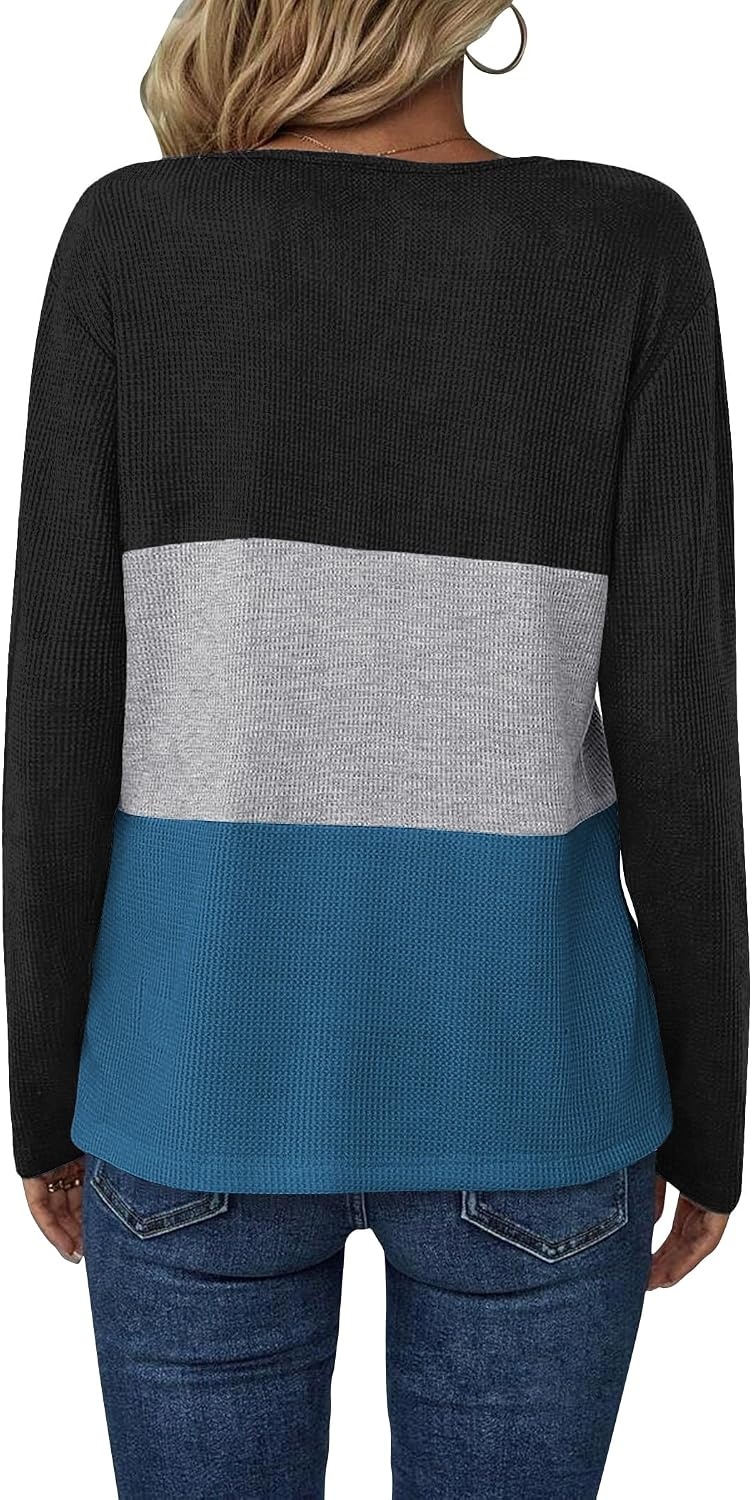 image:imageZeagoo Womens Waffle Shirts V Neck Long Sleeve Tops Color Block TShirts Casual Pullover Tunics 2025 Fashion Basic TeesBlackGrayDeep Blue