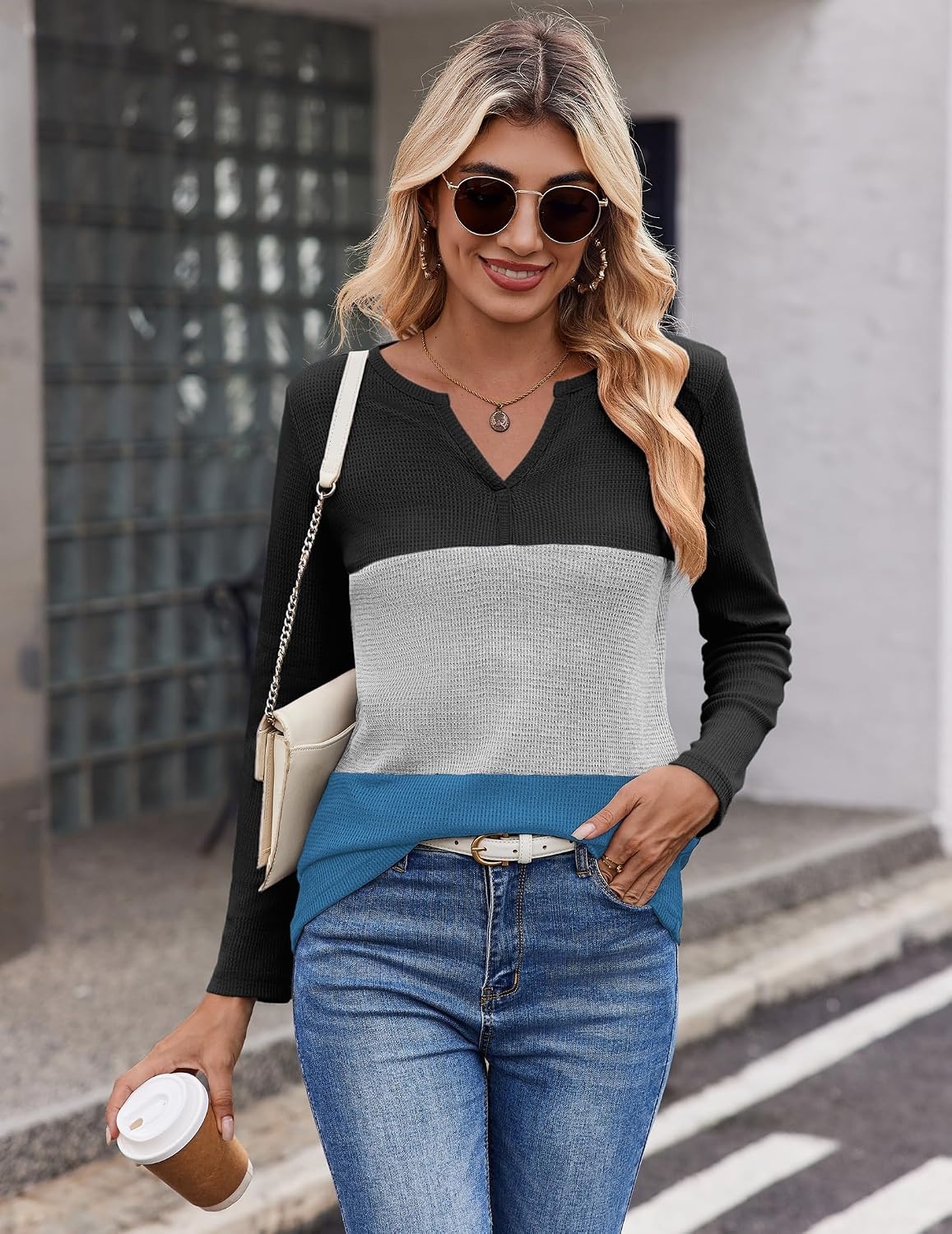 image:imageZeagoo Womens Waffle Shirts V Neck Long Sleeve Tops Color Block TShirts Casual Pullover Tunics 2025 Fashion Basic TeesBlackGrayDeep Blue