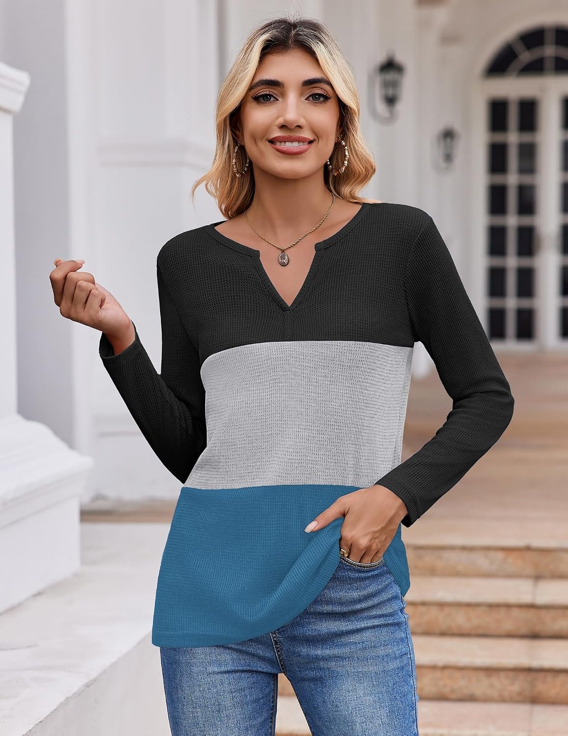 image:imageZeagoo Womens Waffle Shirts V Neck Long Sleeve Tops Color Block TShirts Casual Pullover Tunics 2025 Fashion Basic TeesBlackGrayDeep Blue