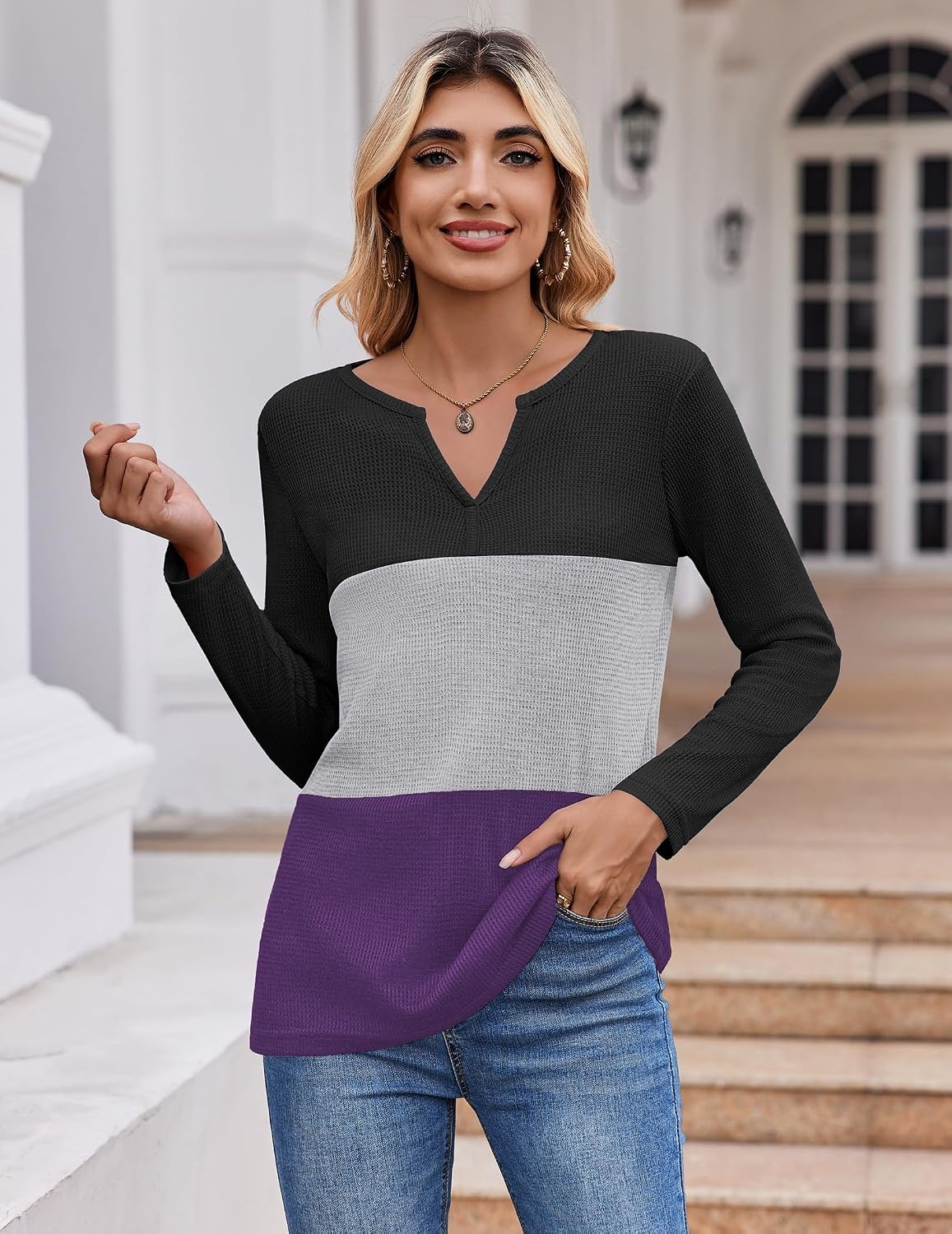 image:imageZeagoo Womens Waffle Shirts V Neck Long Sleeve Tops Color Block TShirts Casual Pullover Tunics 2025 Fashion Basic TeesBlackGrayPurple