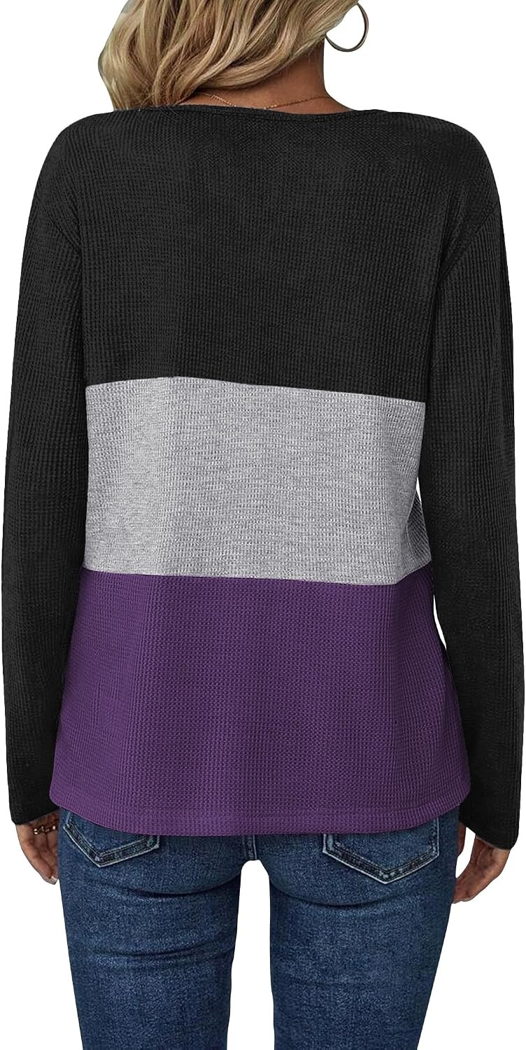 image:imageZeagoo Womens Waffle Shirts V Neck Long Sleeve Tops Color Block TShirts Casual Pullover Tunics 2025 Fashion Basic TeesBlackGrayPurple